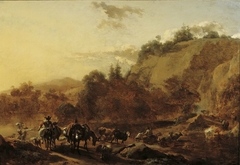 Mountainous landscape with shepherds and cattle at a wading place by Nicolaes Pieterszoon Berchem