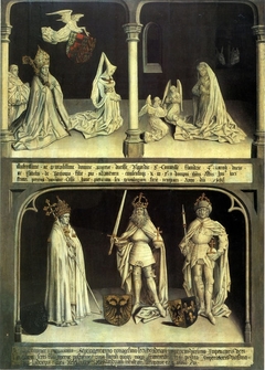 Nativity with Mary of Burgundy, Jan Crabbe and Pierre Vaillant, series of 17 paintings of counts of Flanders with abbots of Ter Duinen by Anonymous