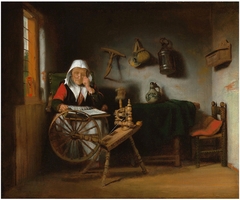 Old woman reading at a spinning wheel, 1658 by Nicolaes Maes