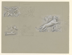 Ontwerpen voor een watermerk van een bankbiljet: hand met roos, roos, panter by Leo Gestel