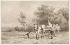 Paard en wagen op een weg by Pierre Louis Dubourcq