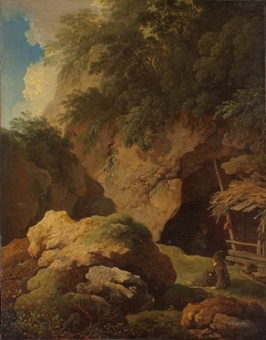 Paysage et rochers, un ermite se repose à l'entrée d'une grotte by Christian Wilhelm Ernst Dietrich