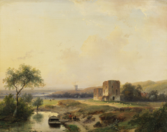 River landscape near Haarlem with windmill and the ruins of Brederode by Andreas Schelfhout