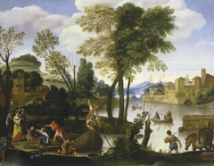 River landscape with Boatmen and Fisherman, an elegant couple walking by the shore by Domenichino