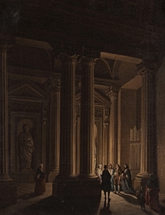 Rokokogesellschaft in abendlich beleuchteter, klassizistischer Architektur by Carl Friedrich Fechhelm