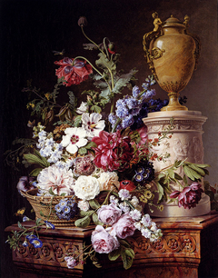 Still life of flowers in a basket on a marble pedestal by Gerard van Spaendonck