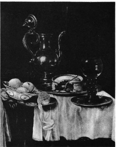 Still life with a silver decanter on a table laid with ham by Willem Claesz Heda