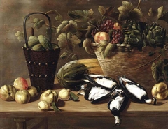 Still life with apples, pears, melon, bucket, poultry, and a basket by Johannes Kuveenis