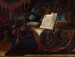 Still life with armor and books. by Michele Pianti