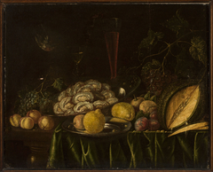 Still life with – fruit, mussels and a bird by Cornelis de Bryer