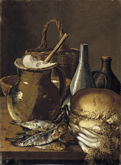 Still Life with Herrings Chives Garlic and Kitchen Utensils by Luis Egidio Meléndez