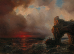 Stormy landscape at sunset by Théodore Gudin