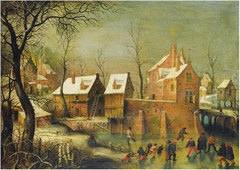 Townscape with skaters on a frozen river by Jacob Grimmer