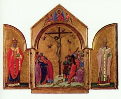 Triptych: the Crucifixion; the Redeemer with Angels; Saint Nicholas; Saint Gregory by Duccio di Buoninsegna