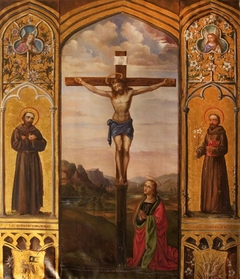 Triptych with Christ crucified with Saint Mary Magdalen (after Pietro Perugino), and Saint Francis and Saint Anthony of Padua by Rebecca Dulcibella Orpen