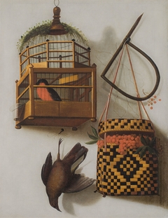 Trompe l'oeil with a bird cage by Cornelis Biltius