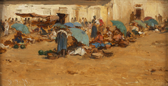 Ungarischer Markt mit blauen Schirmen by August von Pettenkofen