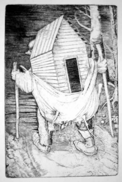 "Uprooted Home" copper engraving by Henryk Fantazos