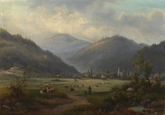 Village in a Valley beneath Mountains by German School