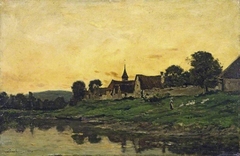 Village on a river, sunset by Charles-François Daubigny