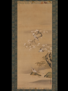 Waxwings, Cherry Blossoms, and Bamboo by Kiyohara Yukinobu