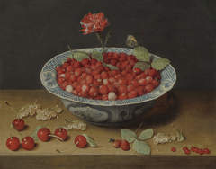 Wild Strawberries and a Carnation in a Wan-Li Bowl by Jacob van Hulsdonck