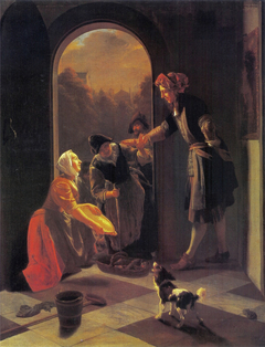 Woman selling fish at the door of a house by Jacob Ochtervelt