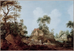 Wooded landscape with shepherds and their livestock on a road near a cottage by Gillis d'Hondecoeter