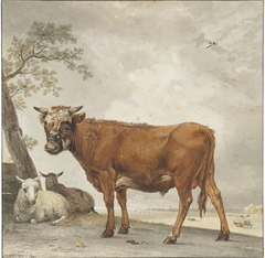 A bull and sheep in a landscape by Reinier Vinkeles