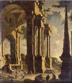 A capriccio of classical ruins with figures by Leonardo Coccorante