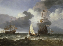 A Smalschip with two Dutch East Indiamen coming to Anchor by Hendrick Dubbels