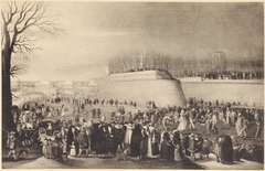 A winter carnival with figures on the ice before the Kipdorppoort Bastion in Antwerp by Denis van Alsloot