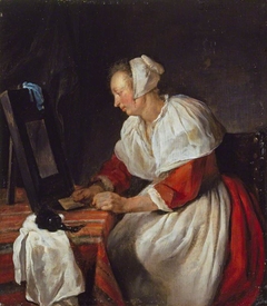 A Woman at Her Mirror by Gabriël Metsu