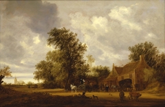 A wooded landscape with cattle, carriages on a track and an inn, a church beyond by Salomon van Ruysdael