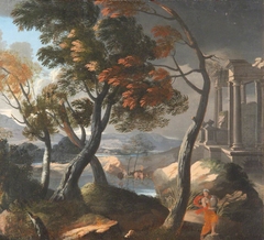 A Wooded River Landscape with a Ruined Temple, Trees and a Woman with a Pitcher by Anonymous