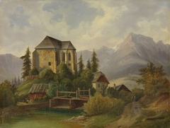 Alpenlandschaft mit gotischer Kapelle by Lorenzo Quaglio the Younger