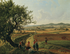 Ansicht der Herrschaften Schloss Emmersdorf und Rothenhof mit Stift Melk im Hintergrund by Josef Rebell