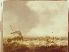 Boten voor de kust op een woelige zee by Jan Porcellis