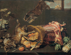 Cats fighting in a larder, with loaves of bread, a dressed lamb, artichokes and grapes by Frans Snyders