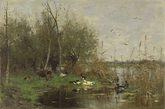 Ducks beside a duck shelter on a ditch by Geo Poggenbeek