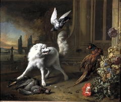 Een hond bewaakt een parelhoen by Jan Weenix