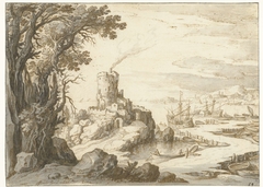 Gezicht op een kust met een donjon of vuurtoren by Paul Bril