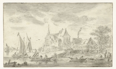 Gezicht over een rivier op een kerk by Jan van Goyen