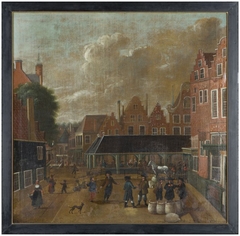 Gezicht vanaf Wortelhaven op Vismarkt te Leeuwarden met Koningsstraat by anonymous painter