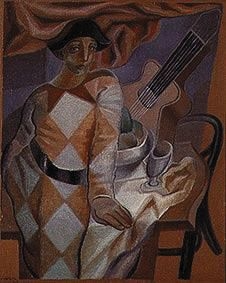 Harlekin vor einem Tisch by Juan Gris