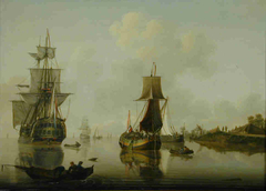 Het fregatschip Triton met een spiegelpaviljoenjacht dat geboegseerd wordt by David Kleyne