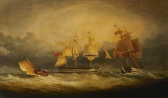 HMS Queen and Princess Royal in a stormy sea by Edward Augustus Inglefield