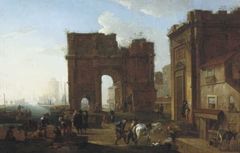 Italian Harbour with Triumphal Arch by Alessandro Salucci