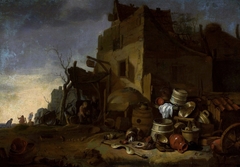 Kitchen utensils before a farmstead. by Egbert van der Poel