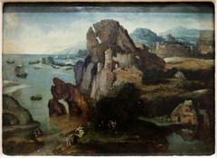 Landscape with the baptism of Christ and the going to Emmaus by Herri met de Bles